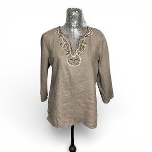 JM Collection Linen Embroidered Tunic Top Petite 14P Neutral Brown 3/4 Sleeve
